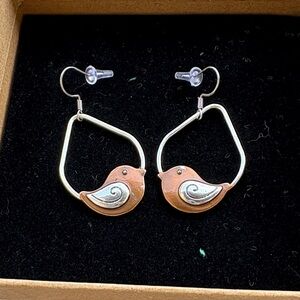 Bird Shaped Earrings with Silver and Brown Accents